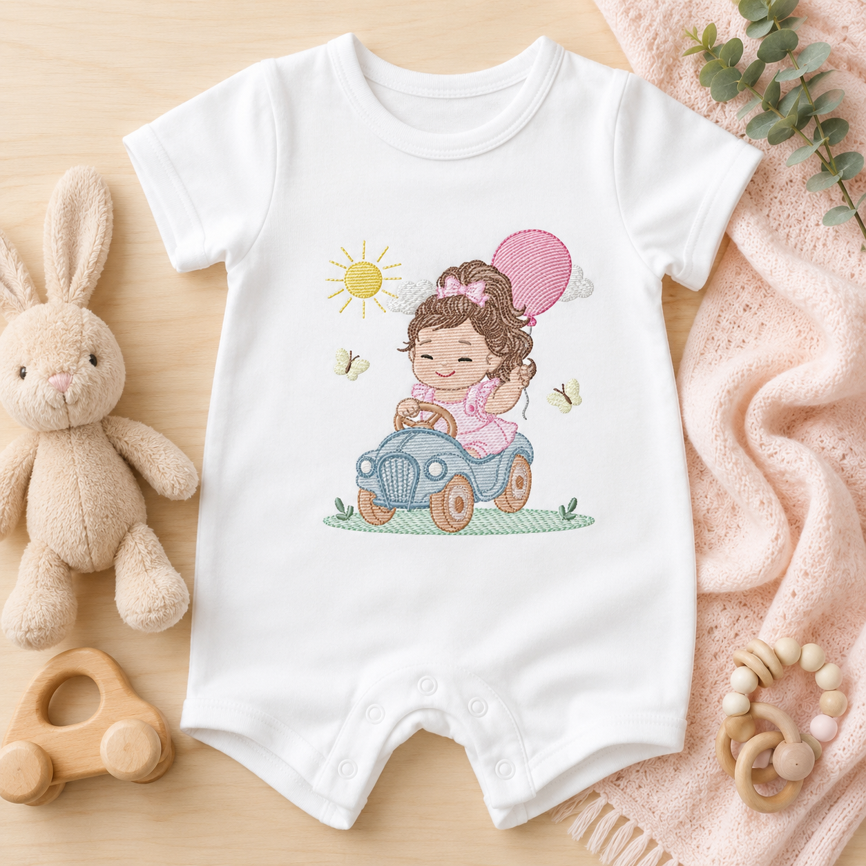 Baby girl embroidery designs - Child playing with toy car machine embroidery pattern - Princess with pacifier and balloon - Instant download (Copy)