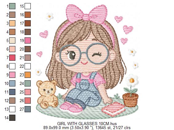 Girl with glasses embroidery designs - Teenager embroidery design machine embroidery pattern - Girl with wavy hair embroidery file download (Copy) Marcia Embroidery