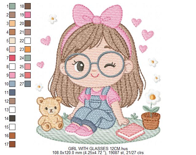 Girl with glasses embroidery designs - Teenager embroidery design machine embroidery pattern - Girl with wavy hair embroidery file download (Copy) Marcia Embroidery