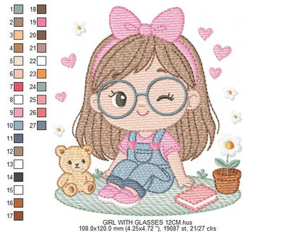 Girl with glasses embroidery designs - Teenager embroidery design machine embroidery pattern - Girl with wavy hair embroidery file download (Copy) Marcia Embroidery