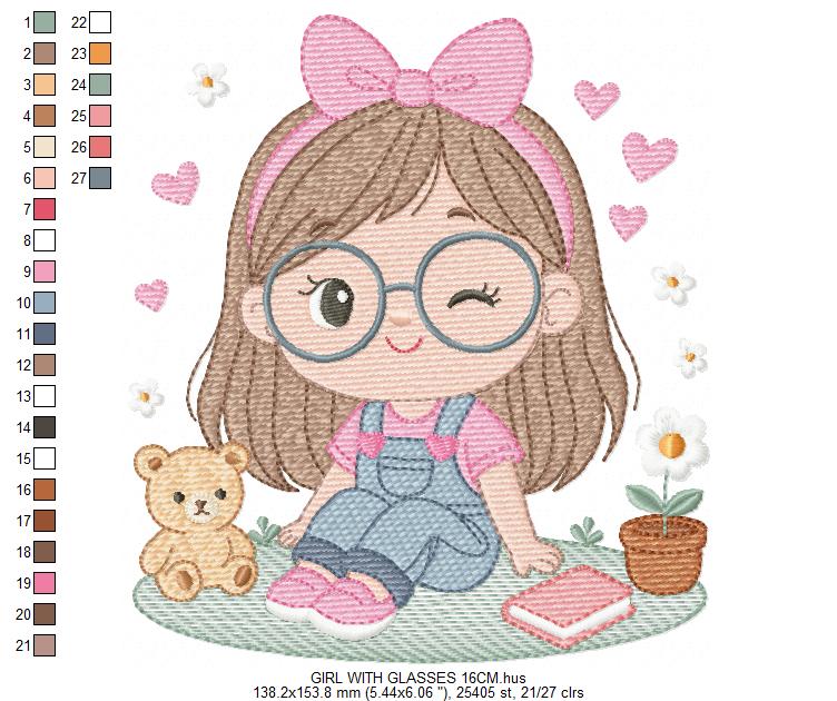 Girl with glasses embroidery designs - Teenager embroidery design machine embroidery pattern - Girl with wavy hair embroidery file download (Copy) Marcia Embroidery
