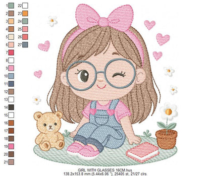 Girl with glasses embroidery designs - Teenager embroidery design machine embroidery pattern - Girl with wavy hair embroidery file download (Copy) Marcia Embroidery