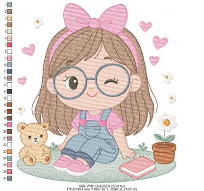Girl with glasses embroidery designs - Teenager embroidery design machine embroidery pattern - Girl with wavy hair embroidery file download (Copy) Marcia Embroidery