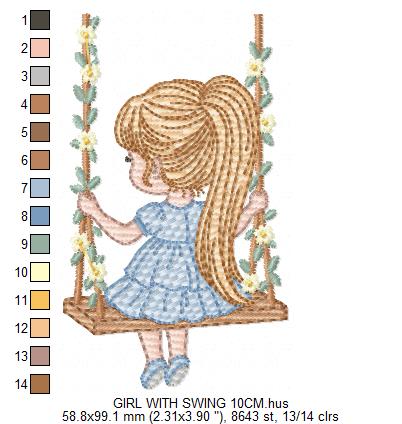 Girl with swing embroidery designs - Baby girl embroidery design machine embroidery pattern - Spring garden embroidery file instant download (Copy) Marcia Embroidery