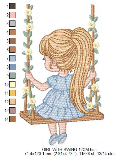 Girl with swing embroidery designs - Baby girl embroidery design machine embroidery pattern - Spring garden embroidery file instant download (Copy) Marcia Embroidery