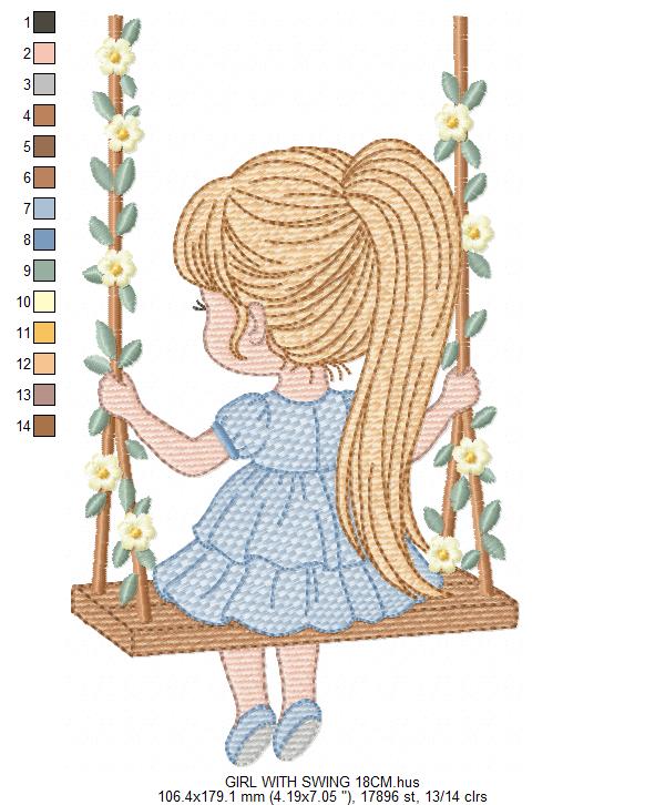 Girl with swing embroidery designs - Baby girl embroidery design machine embroidery pattern - Spring garden embroidery file instant download (Copy) Marcia Embroidery