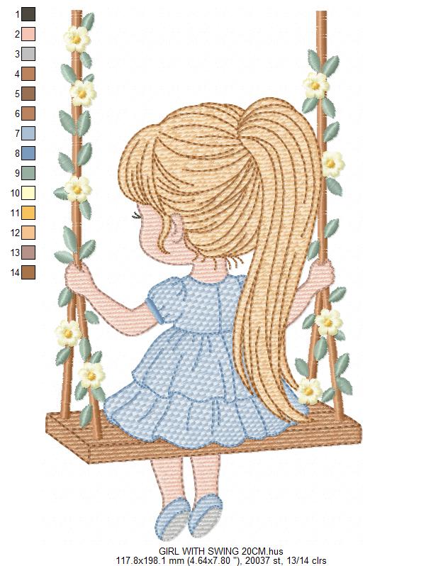 Girl with swing embroidery designs - Baby girl embroidery design machine embroidery pattern - Spring garden embroidery file instant download (Copy) Marcia Embroidery