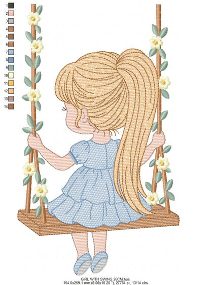 Girl with swing embroidery designs - Baby girl embroidery design machine embroidery pattern - Spring garden embroidery file instant download (Copy) Marcia Embroidery