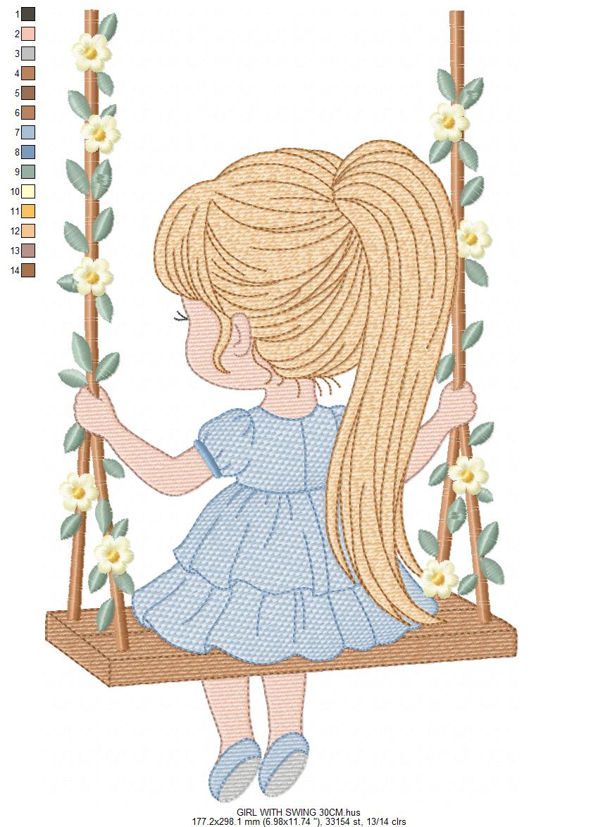 Girl with swing embroidery designs - Baby girl embroidery design machine embroidery pattern - Spring garden embroidery file instant download (Copy) Marcia Embroidery