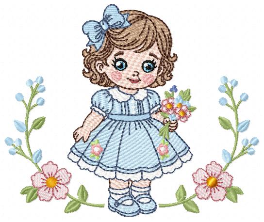 Baby Doll embroidery design - Girl with flowers and lace machine embroidery pattern - Princess embroidery file - Instant digital download pes jef