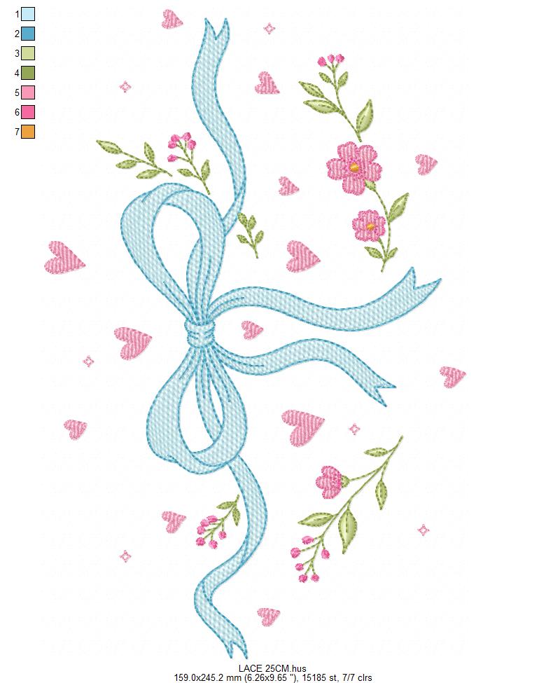 Lace embroidery designs - Ribbon with hearts and flowers embroidery design machine embroidery pattern - Baby boy embroidery file - Laurel wreath with Lace