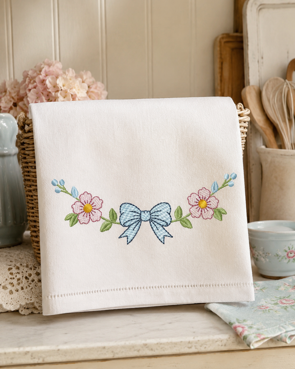 Lace embroidery design - Ribbon with flowers machine embroidery pattern - Kitchen Towel file - Laurel wreath with Lace (Digital Download)