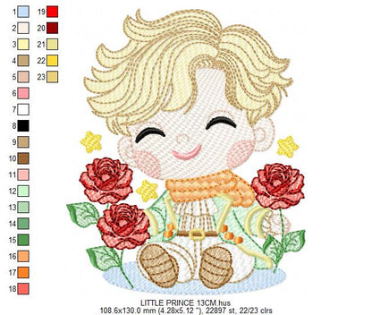 The Little Prince embroidery design - Little Prince with red roses machine embroidery pattern - Baby boy and girl Fairytale file - Instant digital download pes jef Marcia Embroidery