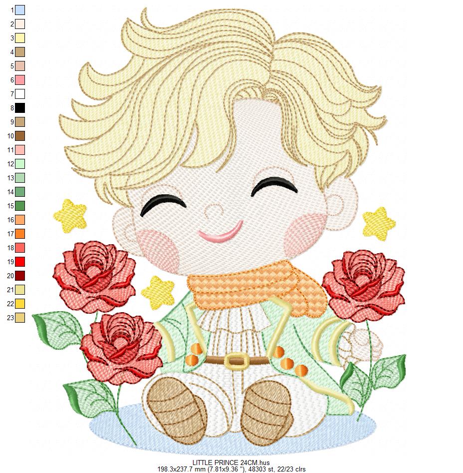 The Little Prince embroidery design - Little Prince with red roses machine embroidery pattern - Baby boy and girl Fairytale file - Instant digital download pes jef Marcia Embroidery