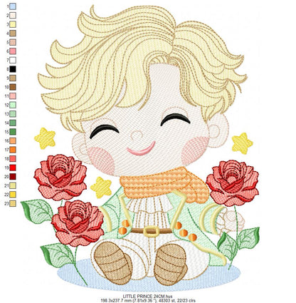 The Little Prince embroidery design - Little Prince with red roses machine embroidery pattern - Baby boy and girl Fairytale file - Instant digital download pes jef Marcia Embroidery