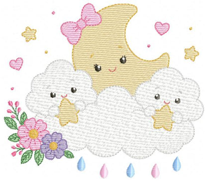 Moon with stars hearts and flowers embroidery design - Baby Girl Half moon machine embroidery pattern - Instant digital download pes jef hus