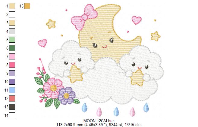 Moon with stars hearts and flowers embroidery design - Baby Girl Half moon machine embroidery pattern - Instant digital download pes jef hus