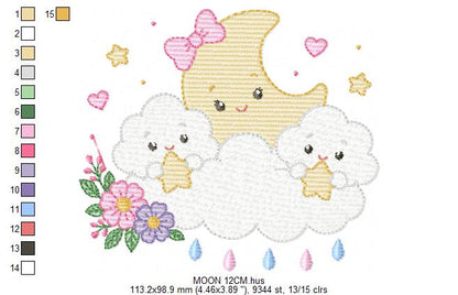 Moon with stars hearts and flowers embroidery design - Baby Girl Half moon machine embroidery pattern - Instant digital download pes jef hus