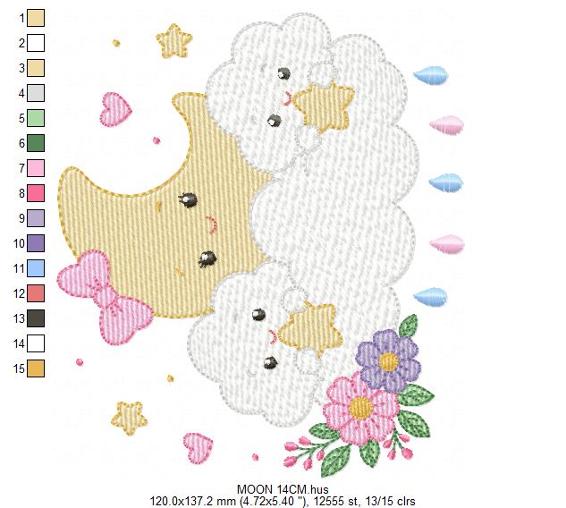 Moon with stars hearts and flowers embroidery design - Baby Girl Half moon machine embroidery pattern - Instant digital download pes jef hus