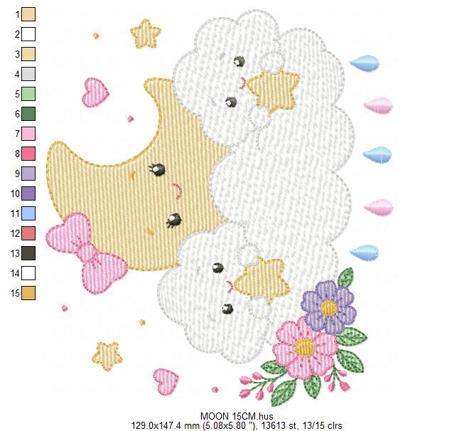 Moon with stars hearts and flowers embroidery design - Baby Girl Half moon machine embroidery pattern - Instant digital download pes jef hus
