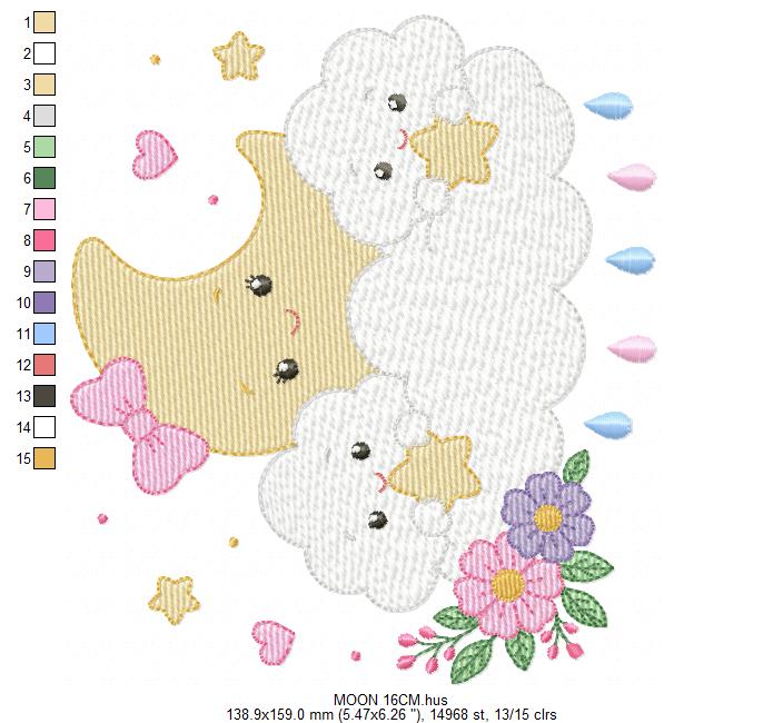 Moon with stars hearts and flowers embroidery design - Baby Girl Half moon machine embroidery pattern - Instant digital download pes jef hus
