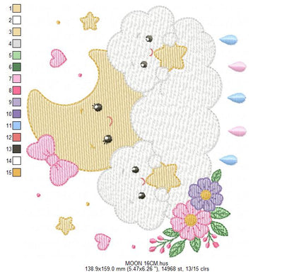 Moon with stars hearts and flowers embroidery design - Baby Girl Half moon machine embroidery pattern - Instant digital download pes jef hus