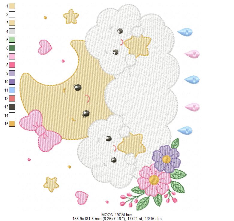 Moon with stars hearts and flowers embroidery design - Baby Girl Half moon machine embroidery pattern - Instant digital download pes jef hus