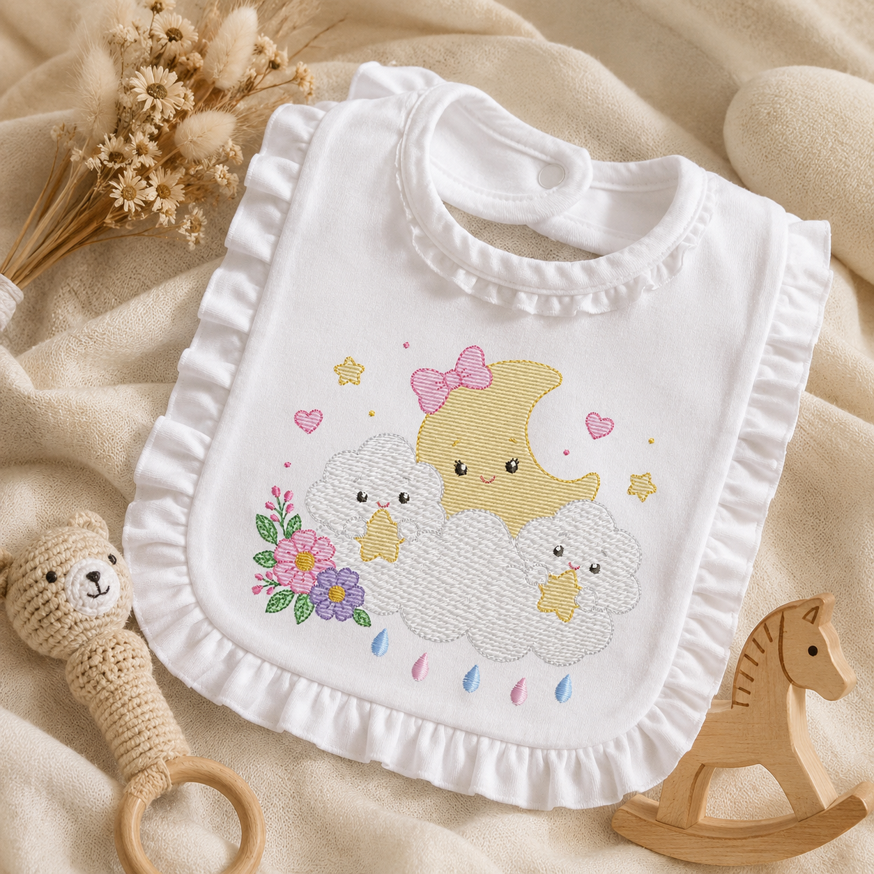 Moon with stars hearts and flowers embroidery design - Baby Girl Half moon machine embroidery pattern - Instant digital download pes jef hus