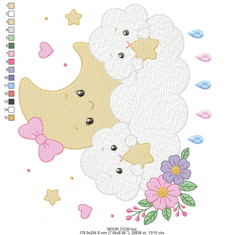 Moon with stars hearts and flowers embroidery design - Baby Girl Half moon machine embroidery pattern - Instant digital download pes jef hus