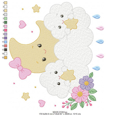 Moon with stars hearts and flowers embroidery design - Baby Girl Half moon machine embroidery pattern - Instant digital download pes jef hus