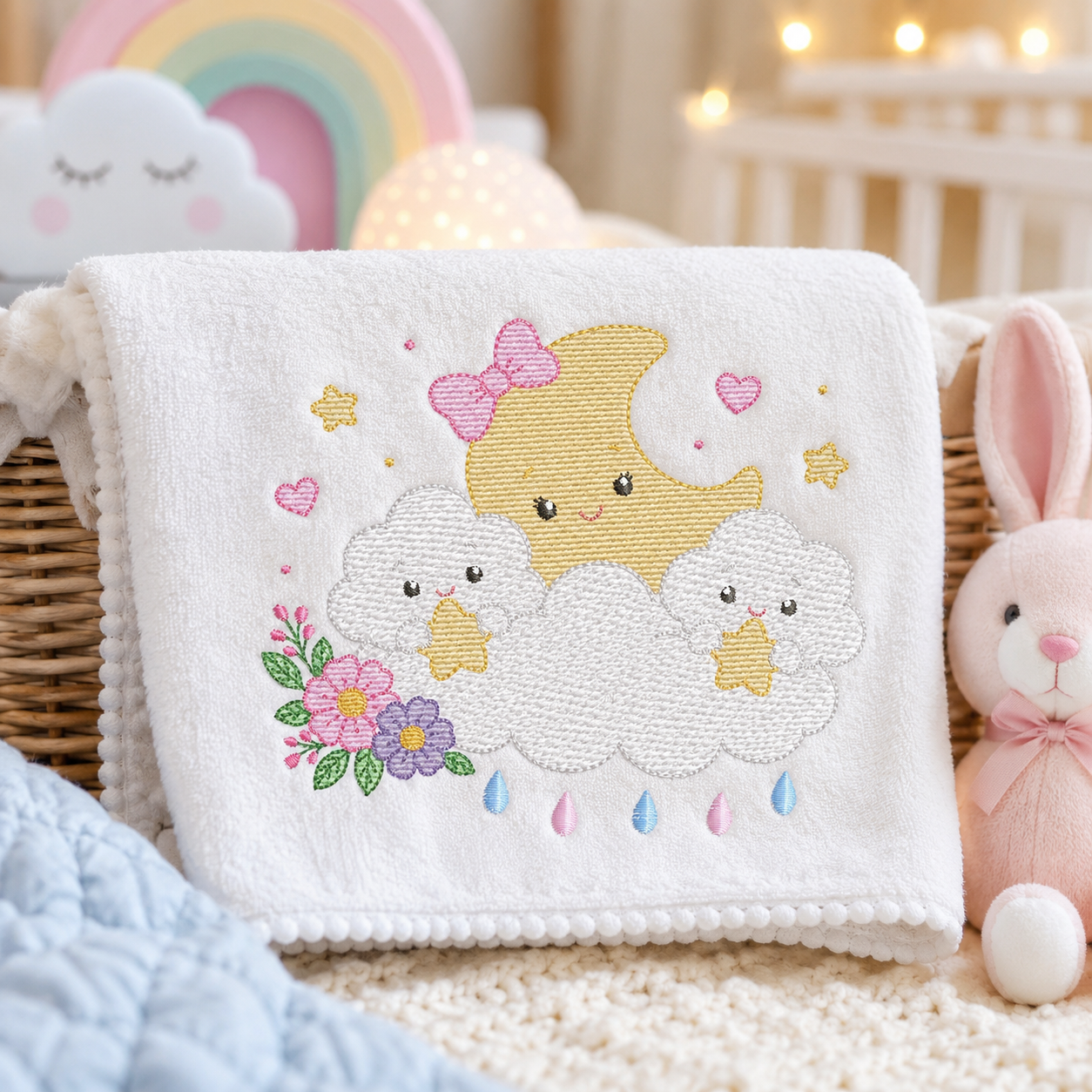 Moon with stars hearts and flowers embroidery design - Baby Girl Half moon machine embroidery pattern - Instant digital download pes jef hus