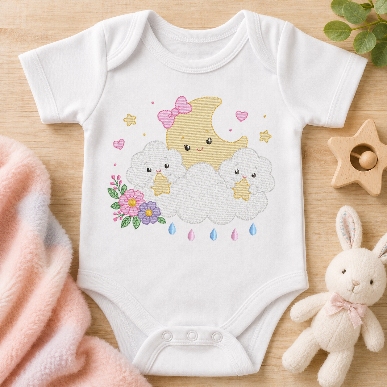 Moon with stars hearts and flowers embroidery design - Baby Girl Half moon machine embroidery pattern - Instant digital download pes jef hus