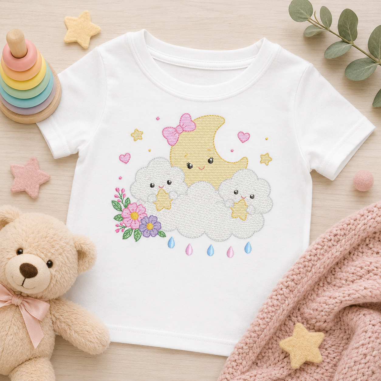 Moon with stars hearts and flowers embroidery design - Baby Girl Half moon machine embroidery pattern - Instant digital download pes jef hus