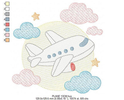 Plane embroidery designs - Airplane with clouds and stars machine embroidery pattern - Vehicle Sky Baby boy file - Instant download pes jef (Copy) Marcia Embroidery