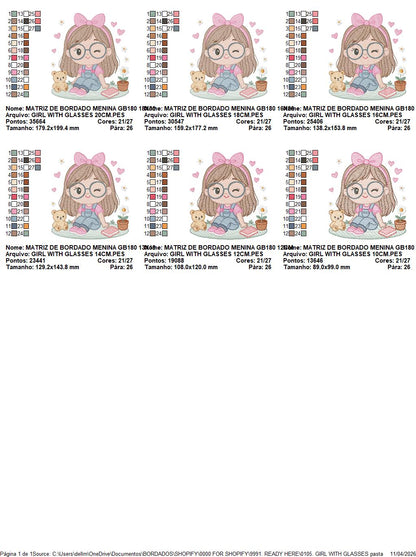 Girl with glasses embroidery designs - Teenager embroidery design machine embroidery pattern - Girl with wavy hair embroidery file download (Copy) Marcia Embroidery