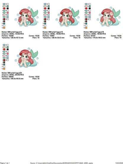 Ariel embroidery designs - Disney Princess machine embroidery patterns - Baby Girl Mermaid design - Instant digital download pes jef dst hus vp3 - Marcia Embroidery