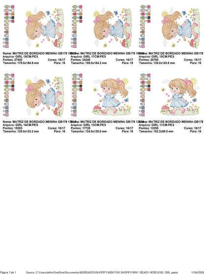Girl with curly hair and flowers embroidery designs - Princess machine embroidery pattern - Girl with lace and hearts - Instant download pes (Copy) Marcia Embroidery