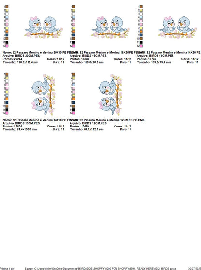 Birds embroidery design - Bird Brother and Sister machine embroidery pattern - Family Couple with flowers file - Instant digital download pes jef