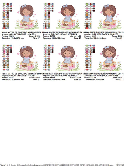 Baby girl with books embroidery design - Curly Black Hair Girl with flowers machine embroidery pattern - Princess embroidery - Instant digital download pes jef dst