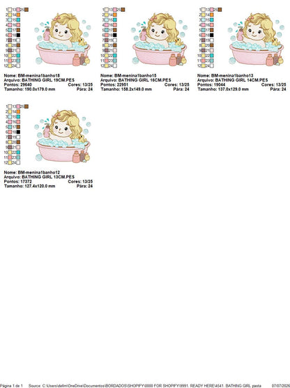 Girl in bathtub embroidery design - Bathing girl machine embroidery pattern - Baby Girl file - Instant digital download pes jef dst
