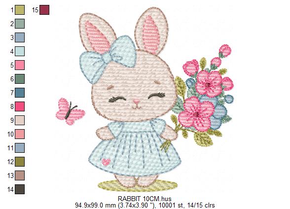 Female Bunny embroidery design - Rabbit with dress and flowers machine embroidery pattern - Baby girl file - Instant digital download - Marcia Embroidery