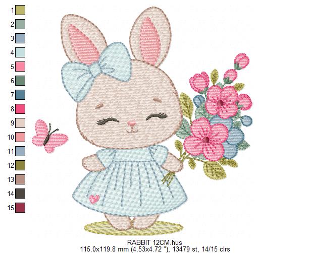 Female Bunny embroidery design - Rabbit with dress and flowers machine embroidery pattern - Baby girl file - Instant digital download - Marcia Embroidery
