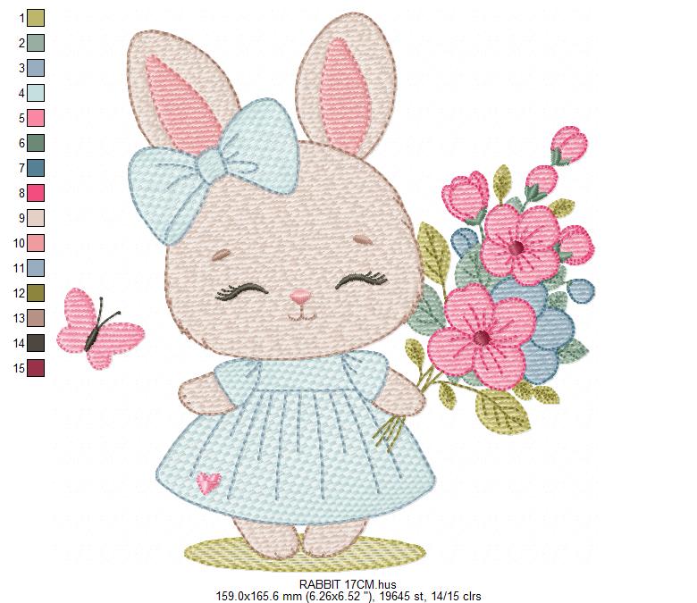 Female Bunny embroidery design - Rabbit with dress and flowers machine embroidery pattern - Baby girl file - Instant digital download - Marcia Embroidery