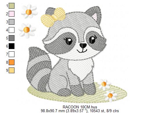 Baby Girl Racoon embroidery design - Woodland Forest Animal machine embroidery pattern - Raccoon with flowers - Instant download