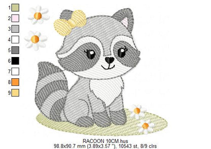 Baby Girl Racoon embroidery design - Woodland Forest Animal machine embroidery pattern - Raccoon with flowers - Instant download