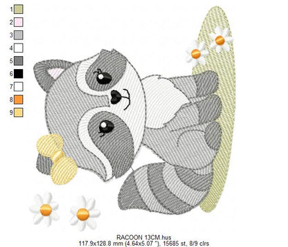 Baby Girl Racoon embroidery design - Woodland Forest Animal machine embroidery pattern - Raccoon with flowers - Instant download
