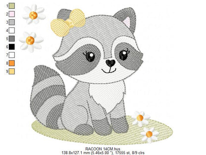 Baby Girl Racoon embroidery design - Woodland Forest Animal machine embroidery pattern - Raccoon with flowers - Instant download