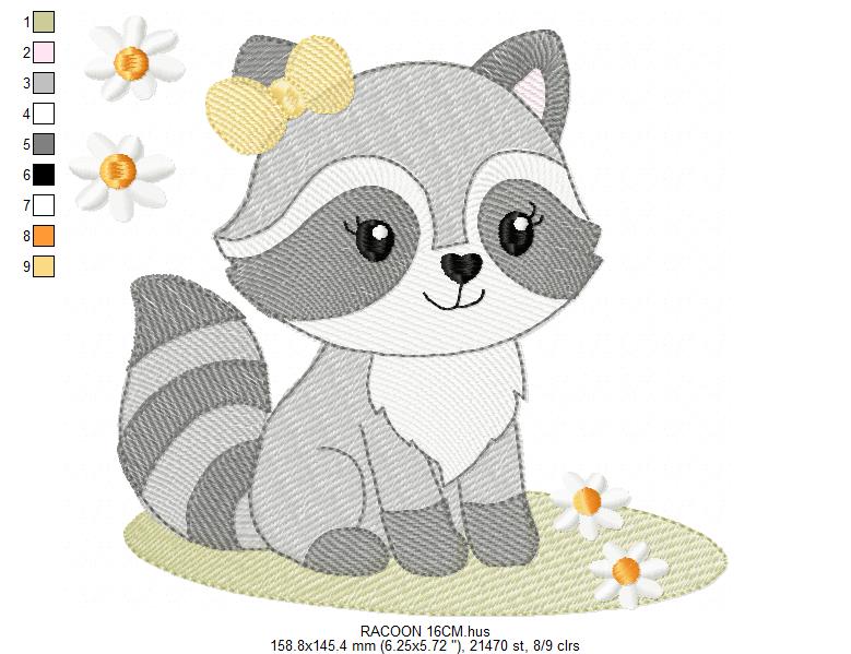 Baby Girl Racoon embroidery design - Woodland Forest Animal machine embroidery pattern - Raccoon with flowers - Instant download