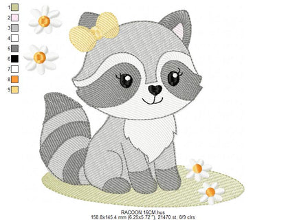 Baby Girl Racoon embroidery design - Woodland Forest Animal machine embroidery pattern - Raccoon with flowers - Instant download