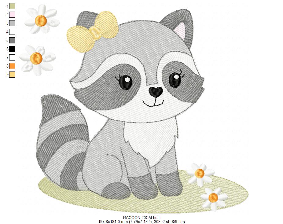 Baby Girl Racoon embroidery design - Woodland Forest Animal machine embroidery pattern - Raccoon with flowers - Instant download
